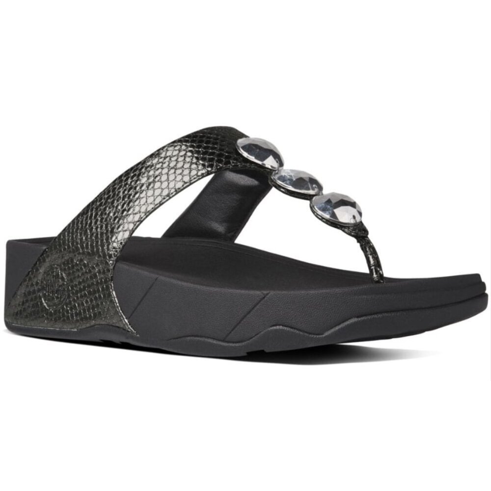 FITFLOP Petra Thong Toe Post Flip Flop Sandals in Metallic Pewter Snake US 6
